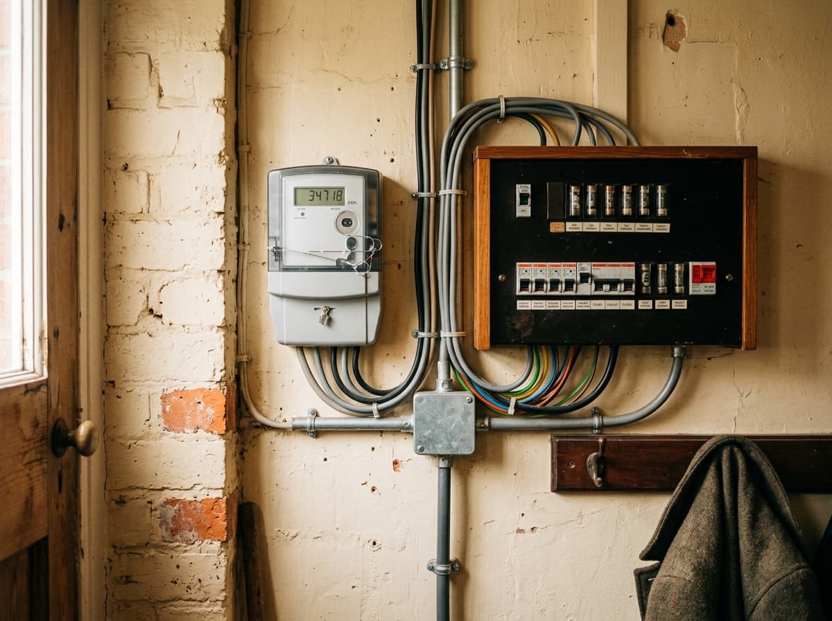 Compteur électrique numérique installé dans un local technique résidentiel